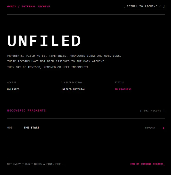 Screenshot of Unfiled, a digital notebook in the MVNDY website
